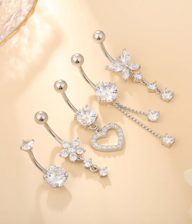 Leocuci Store Surgical Stainless Steel Dangle Belly Button Rings for Women Belly Ring Dangling Piercing Jewelry with Heart Flower Butterfly14G - Image 4